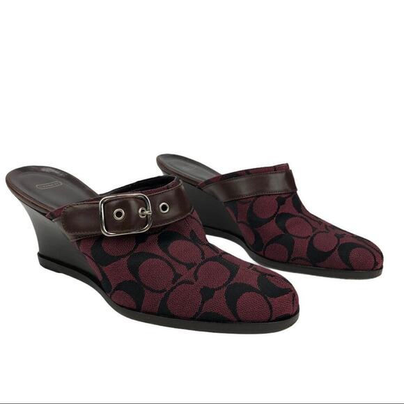 COACH Signature Monogram Canva Burgundy/wine Logo textile Bethany Wedge Mules 7 - Picture 16 of 16